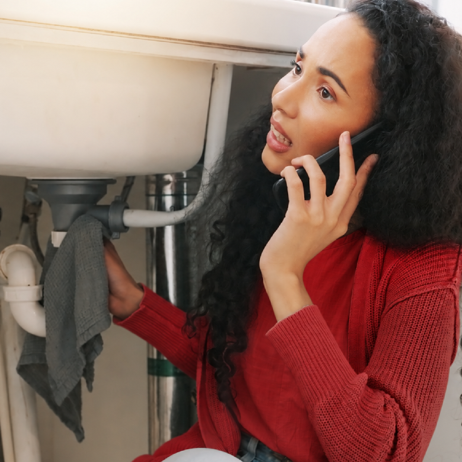 Woman on the phone with towel wiping down water leak
