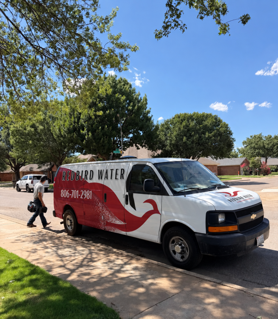 Redbird WAter van parked in residential neighborhood with service technician in the background.