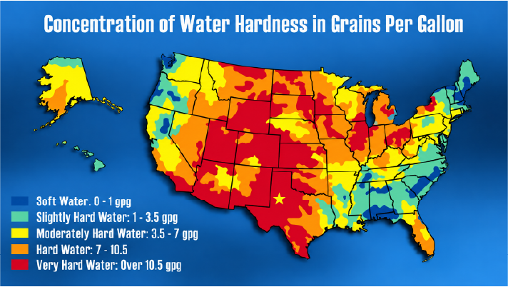 Map of concentration of water hardness in grains per gallon